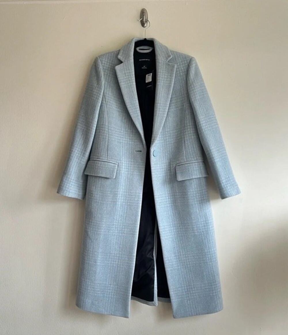 Club Monaco Slim Tailored Plaid Wool Blend Coat Blue Small $479
